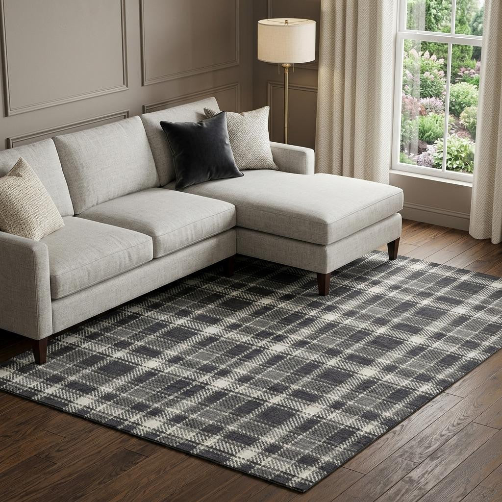 10 X 14 Black And Ivory Plaid Washable Area Rug With UV Protection