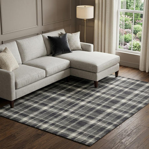 10 X 14 Black And Ivory Plaid Washable Area Rug With UV Protection