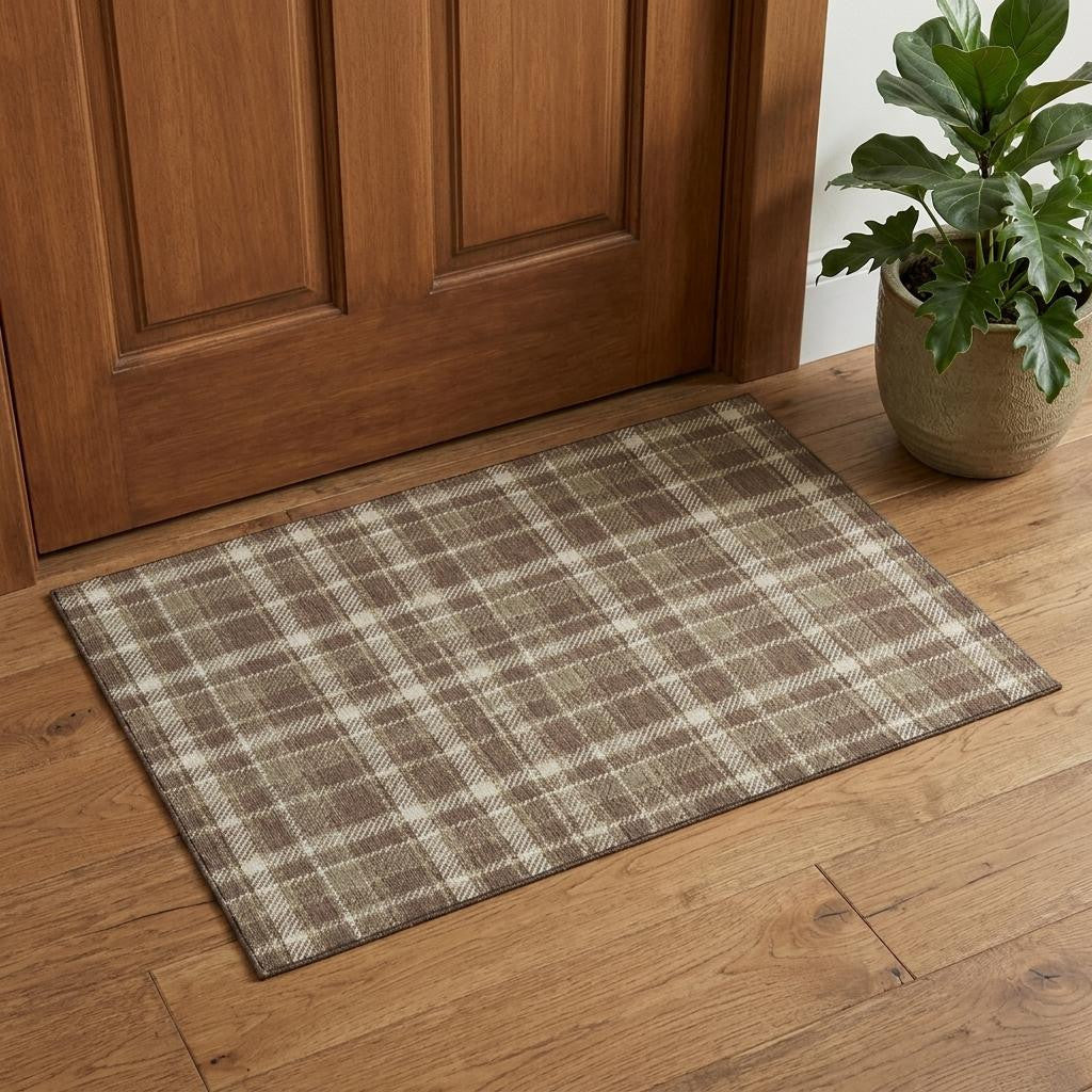3 X 5 Chocolate And Ivory Plaid Washable Area Rug With UV Protection