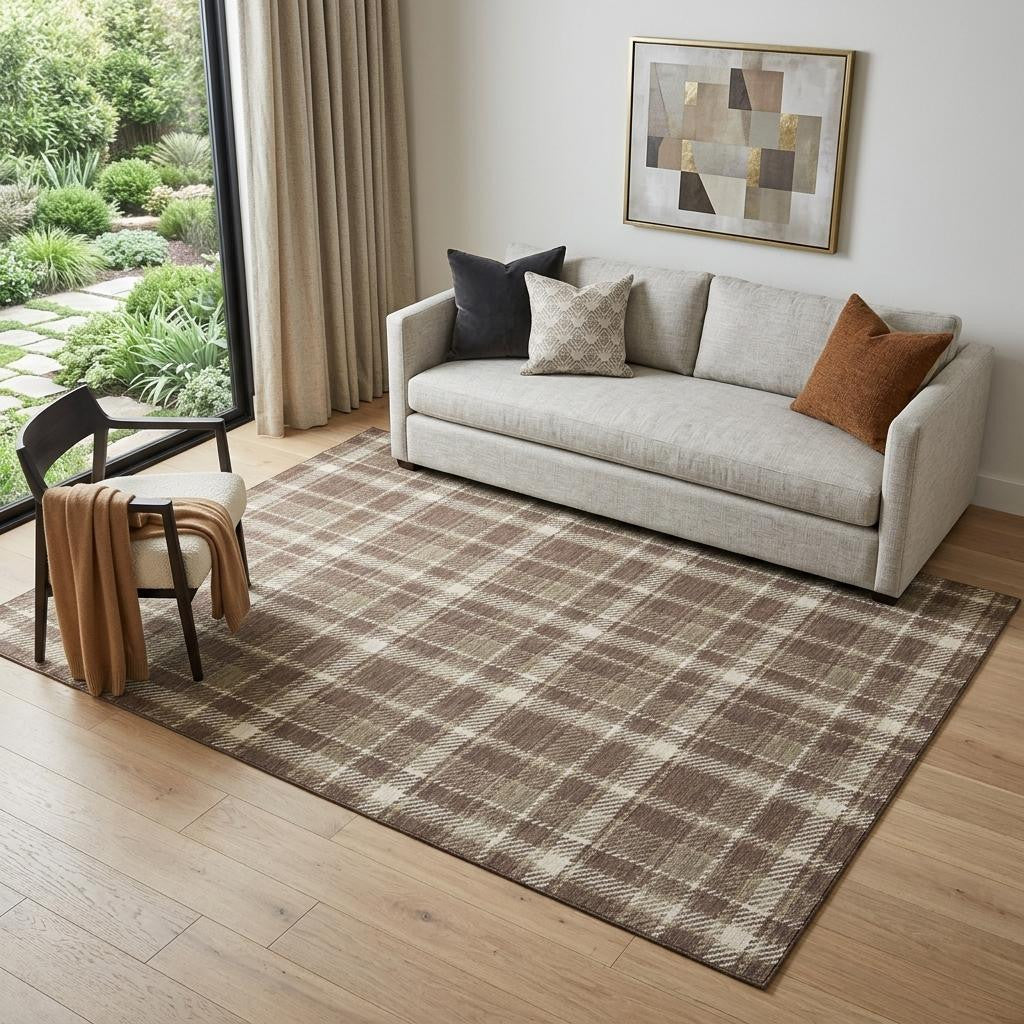 5 X 8 Chocolate And Ivory Plaid Washable Area Rug With UV Protection