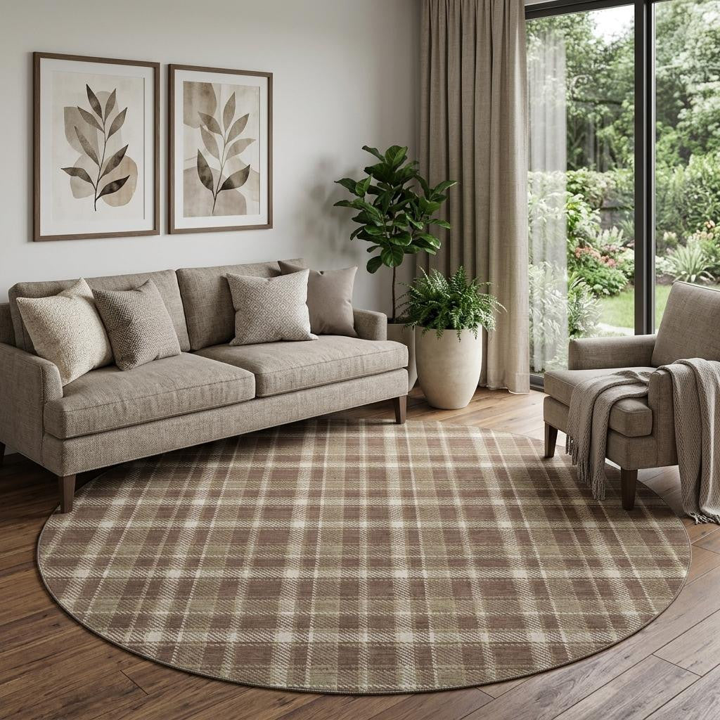 8 Chocolate And Ivory Plaid Washable Round Rug With UV Protection