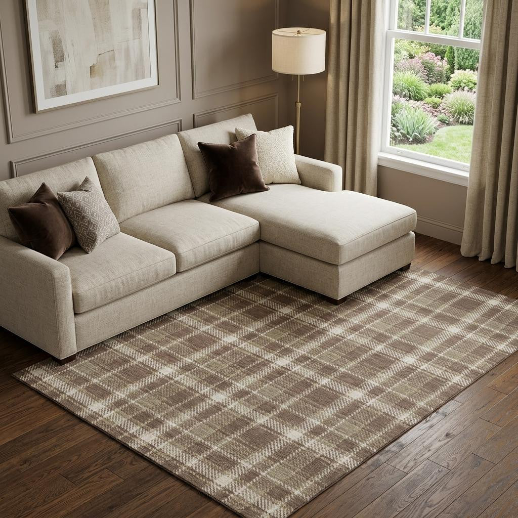 8 X 10 Chocolate And Ivory Plaid Washable Area Rug With UV Protection