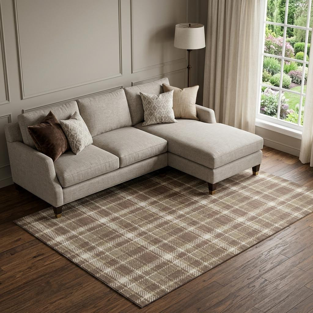 9 X 12 Chocolate And Ivory Plaid Washable Area Rug With UV Protection