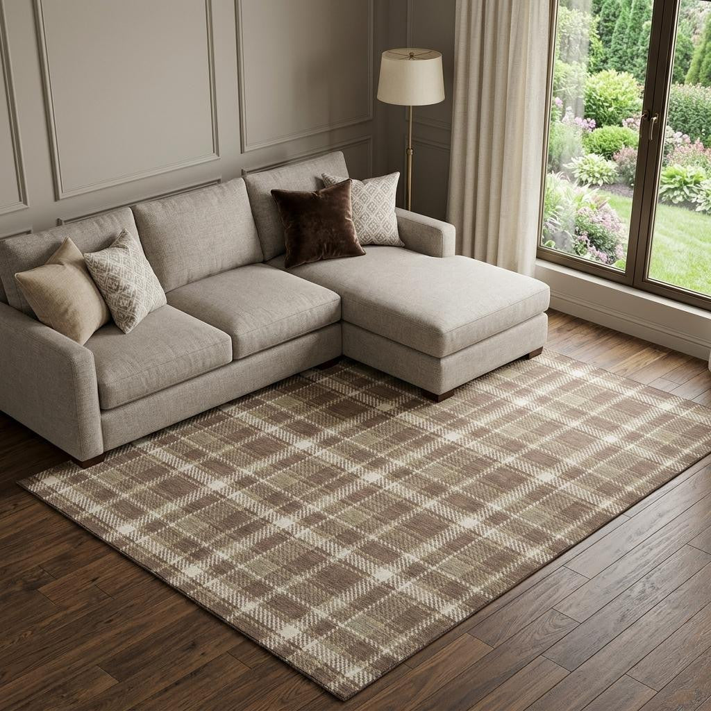 10 X 14 Chocolate And Ivory Plaid Washable Area Rug With UV Protection