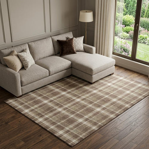 10 X 14 Chocolate And Ivory Plaid Washable Area Rug With UV Protection