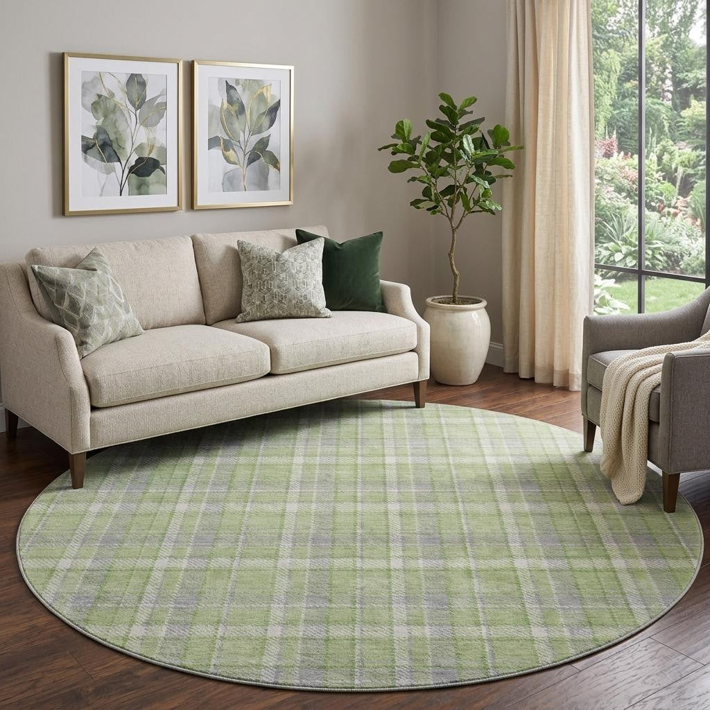 8 Green And Gray Plaid Washable Round Rug With UV Protection