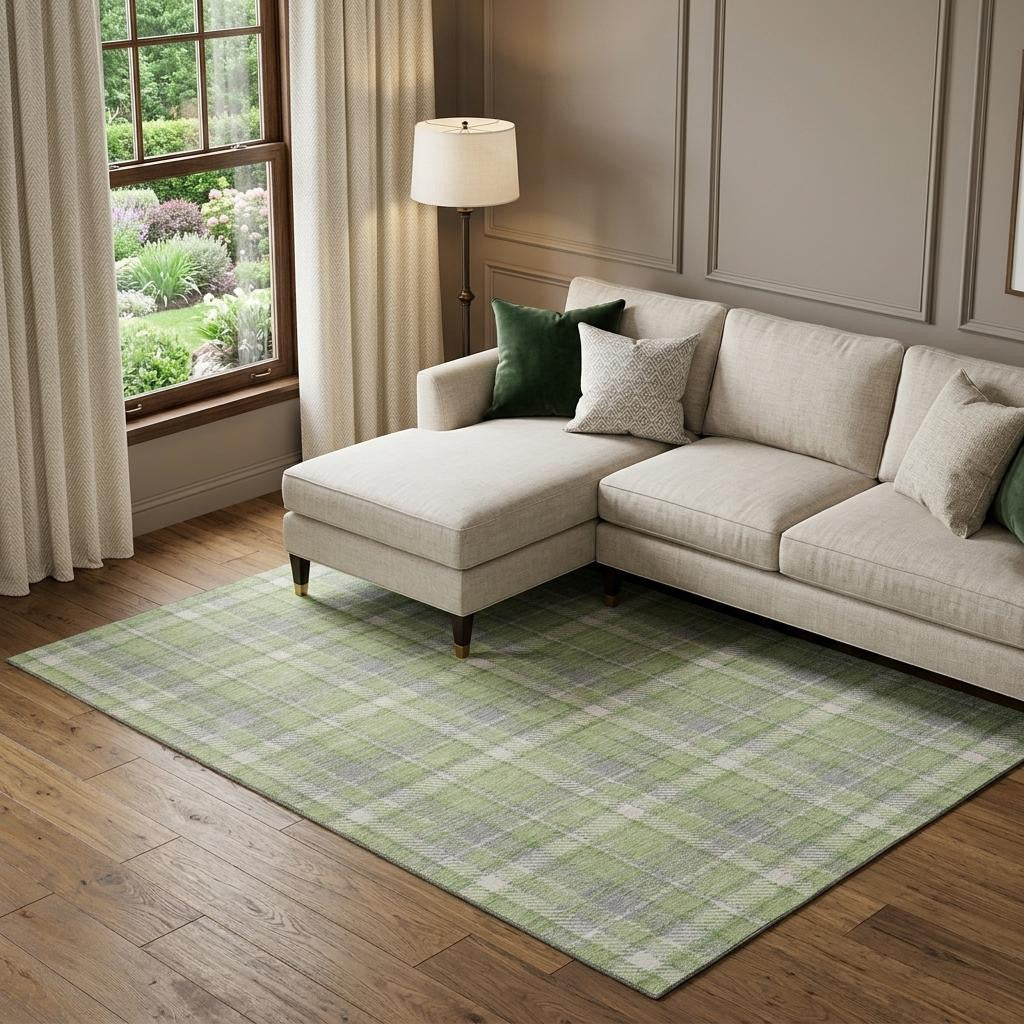 8 X 10 Green And Gray Plaid Washable Area Rug With UV Protection