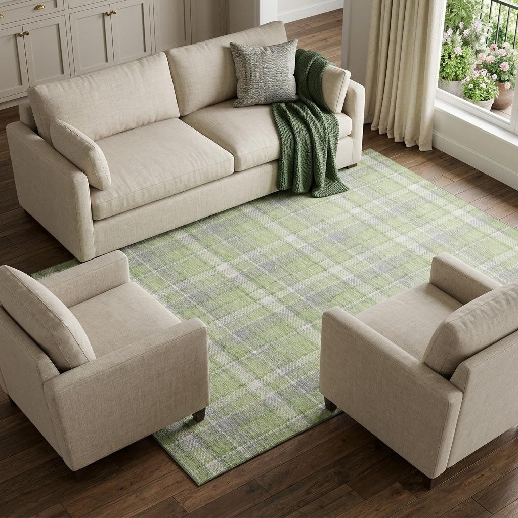 9 X 12 Green And Gray Plaid Washable Area Rug With UV Protection