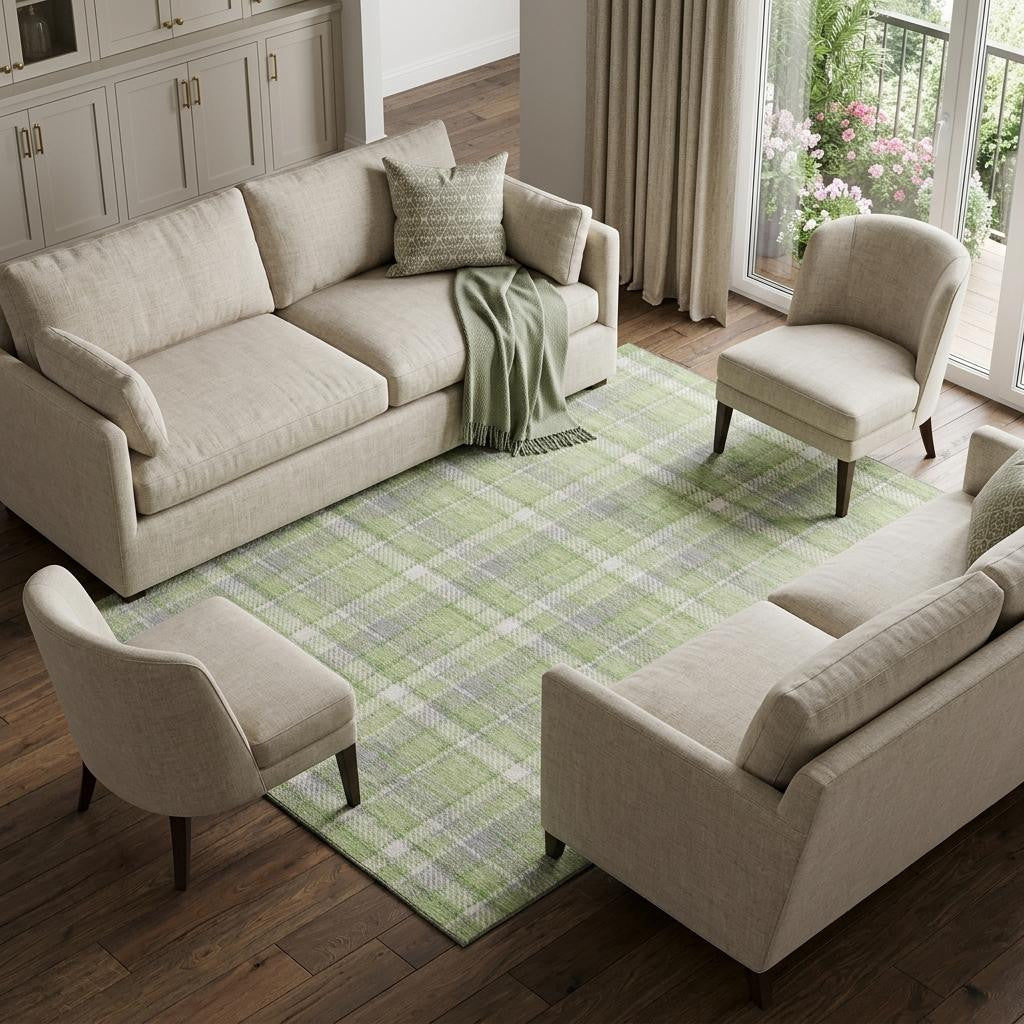 10 X 14 Green And Gray Plaid Washable Area Rug With UV Protection
