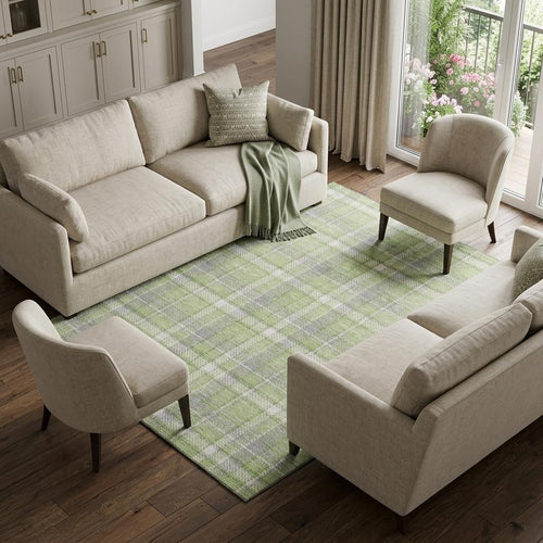 10 X 14 Green And Gray Plaid Washable Area Rug With UV Protection