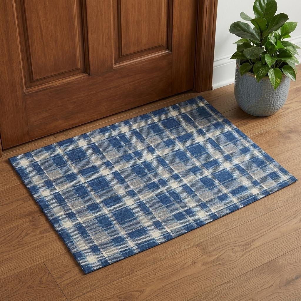3 X 5 Navy Blue And Ivory Plaid Washable Area Rug With UV Protection