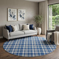 8 Navy Blue And Ivory Plaid Washable Round Rug With UV Protection
