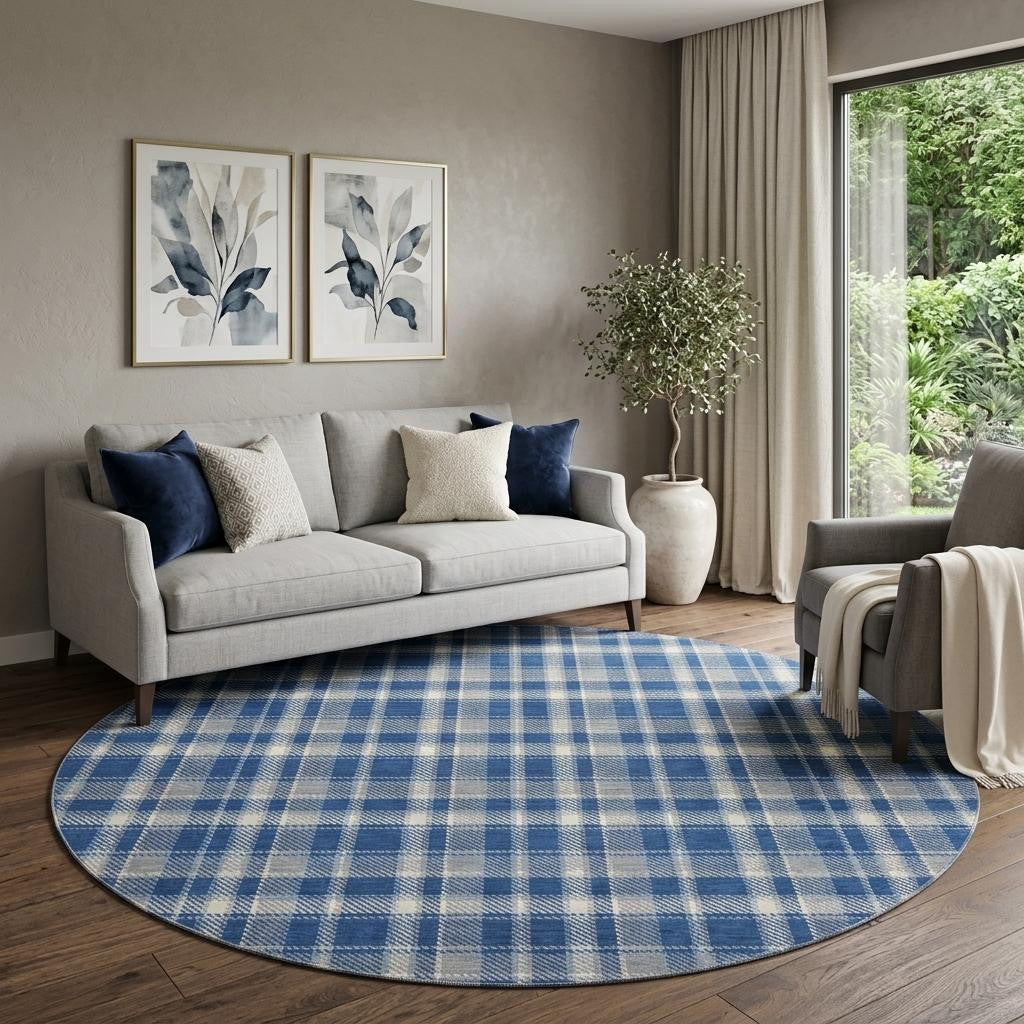 8 Navy Blue And Ivory Plaid Washable Round Rug With UV Protection