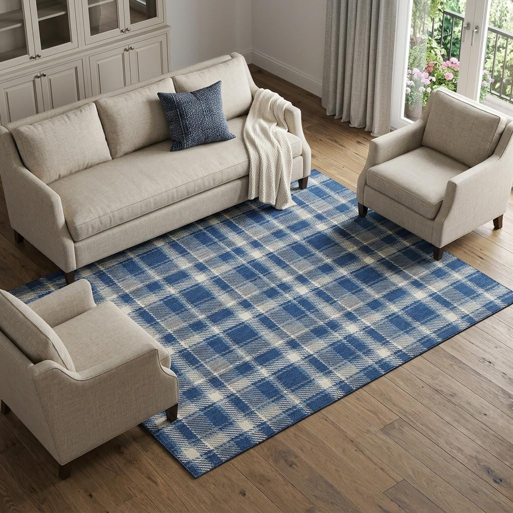 8 X 10 Navy Blue And Ivory Plaid Washable Area Rug With UV Protection