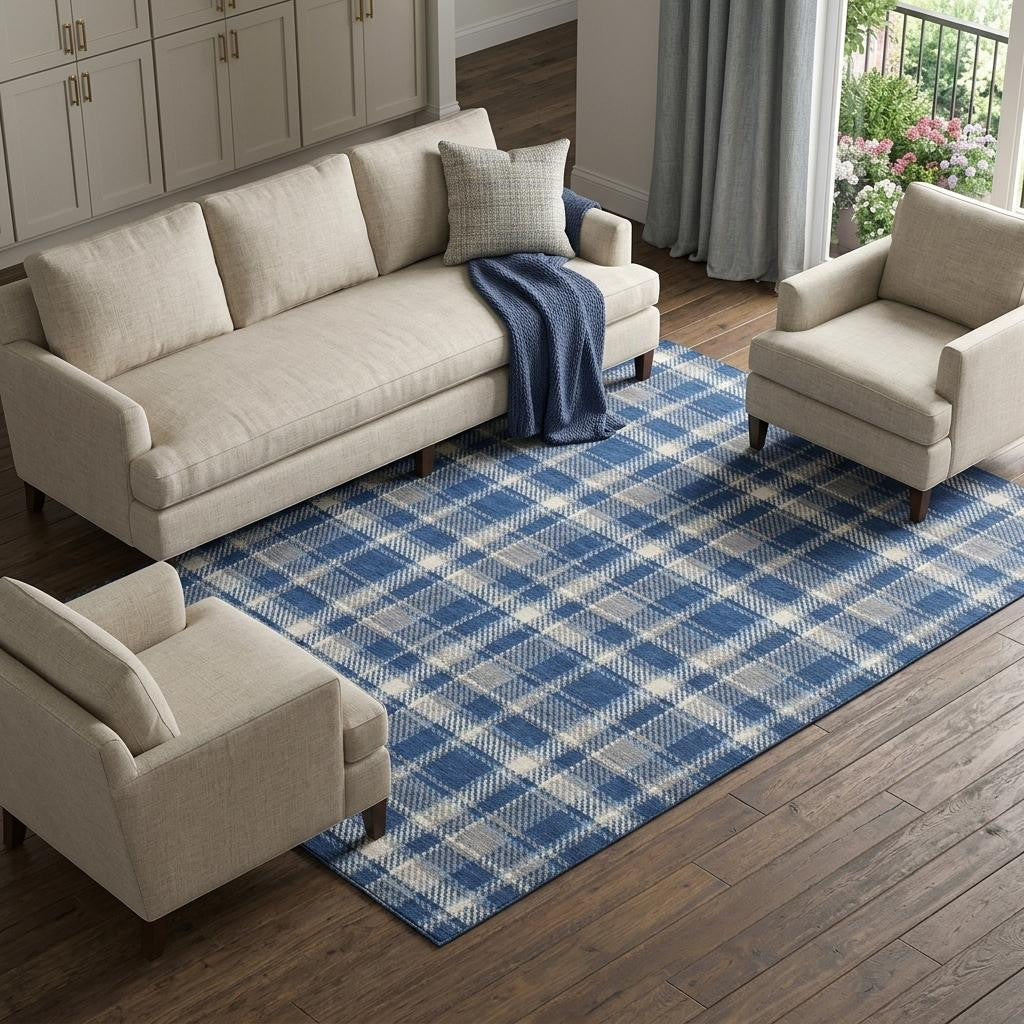 9 X 12 Navy Blue And Ivory Plaid Washable Area Rug With UV Protection