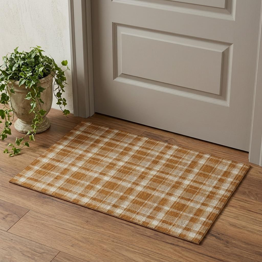 3 X 5 Rust And Ivory Plaid Washable Area Rug With UV Protection