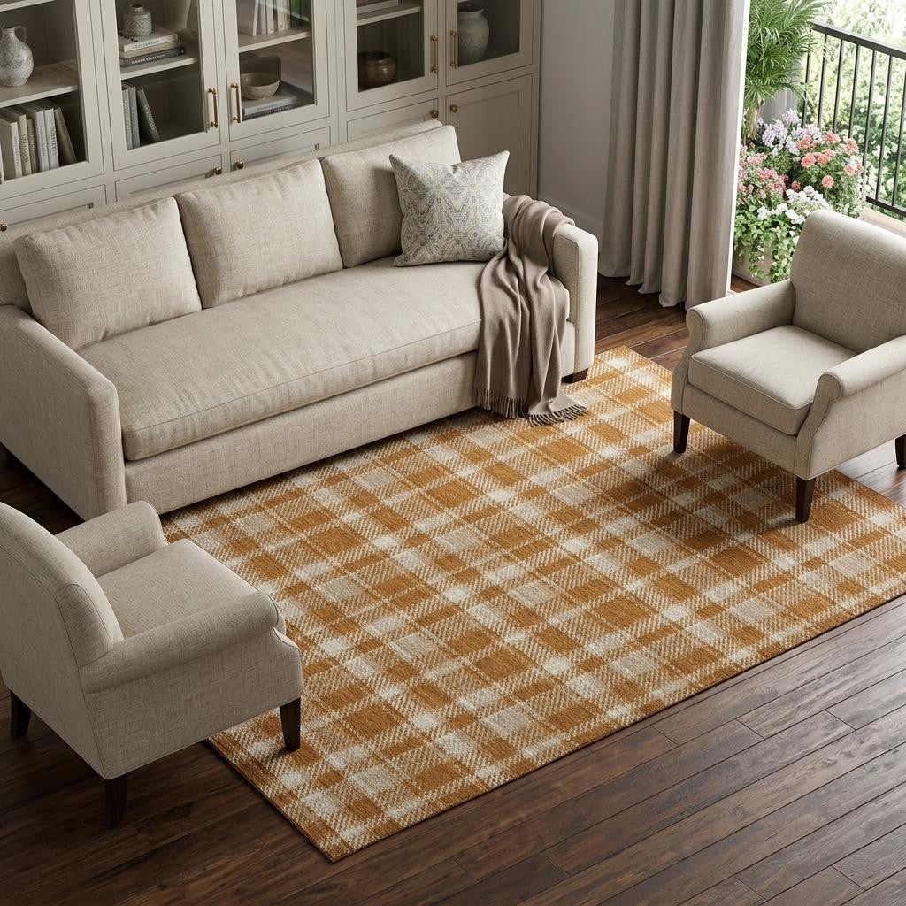 8 X 10 Rust And Ivory Plaid Washable Area Rug With UV Protection