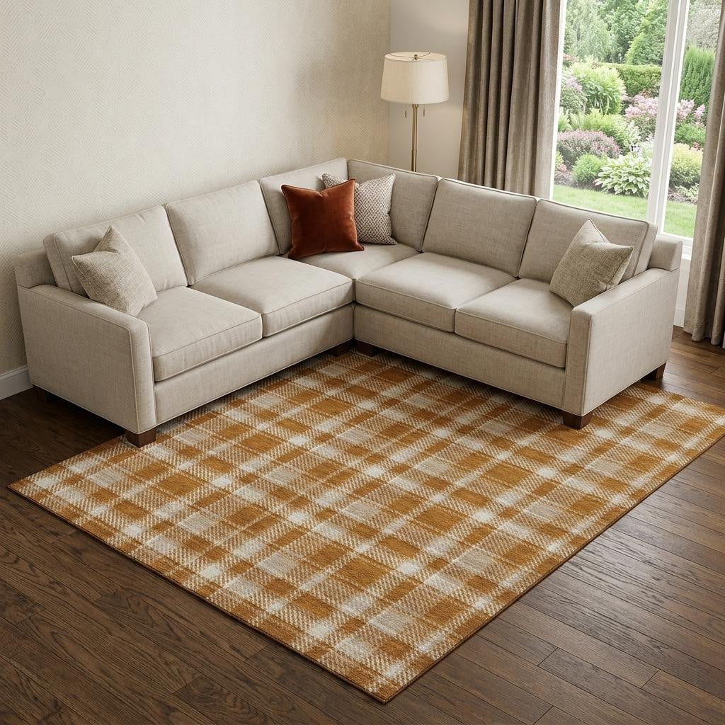 9 X 12 Rust And Ivory Plaid Washable Area Rug With UV Protection