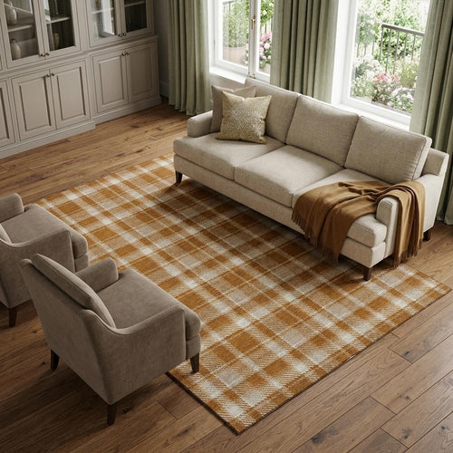 10 X 14 Rust And Ivory Plaid Washable Area Rug With UV Protection