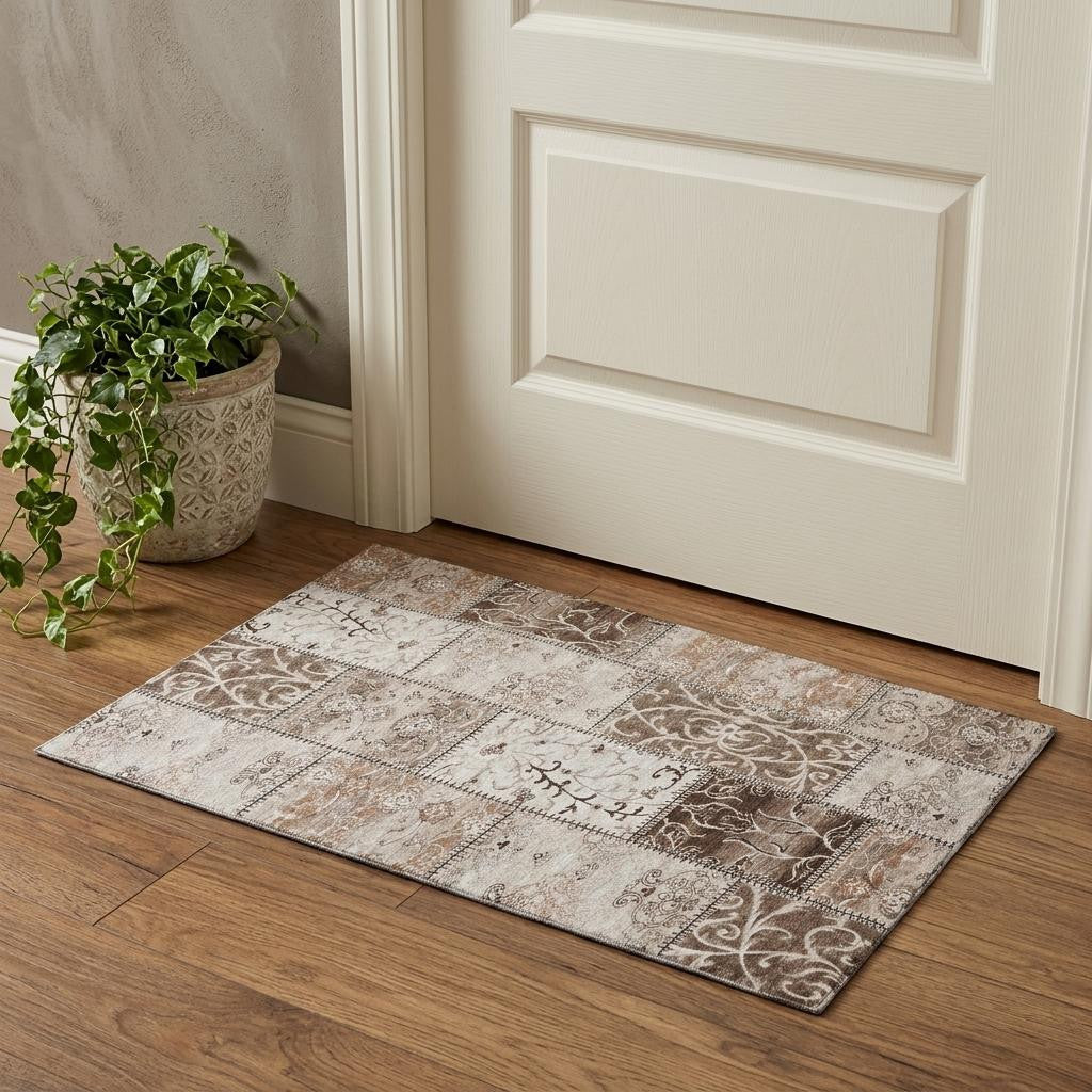 3 X 5 Beige And Ivory Patchwork Distressed Washable Area Rug With UV Protection