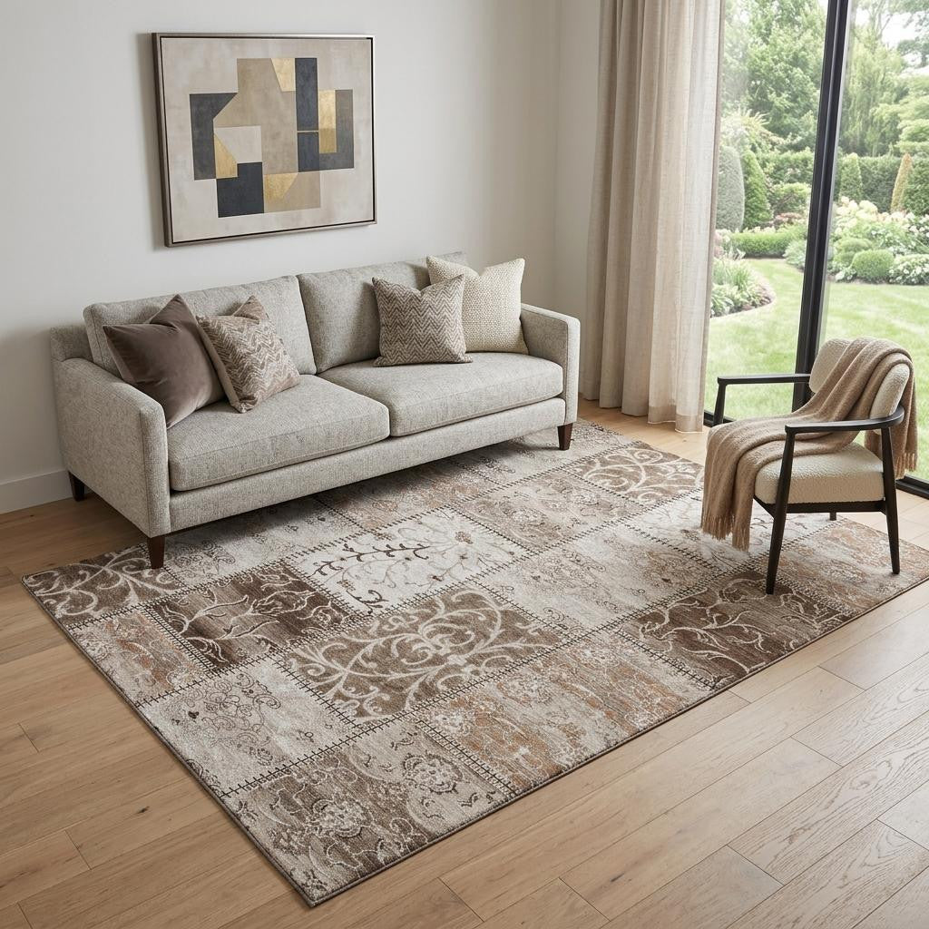 5 X 8 Beige And Ivory Patchwork Distressed Washable Area Rug With UV Protection