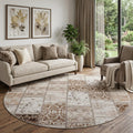 8 Beige And Ivory Patchwork Distressed Washable Round Rug With UV Protection