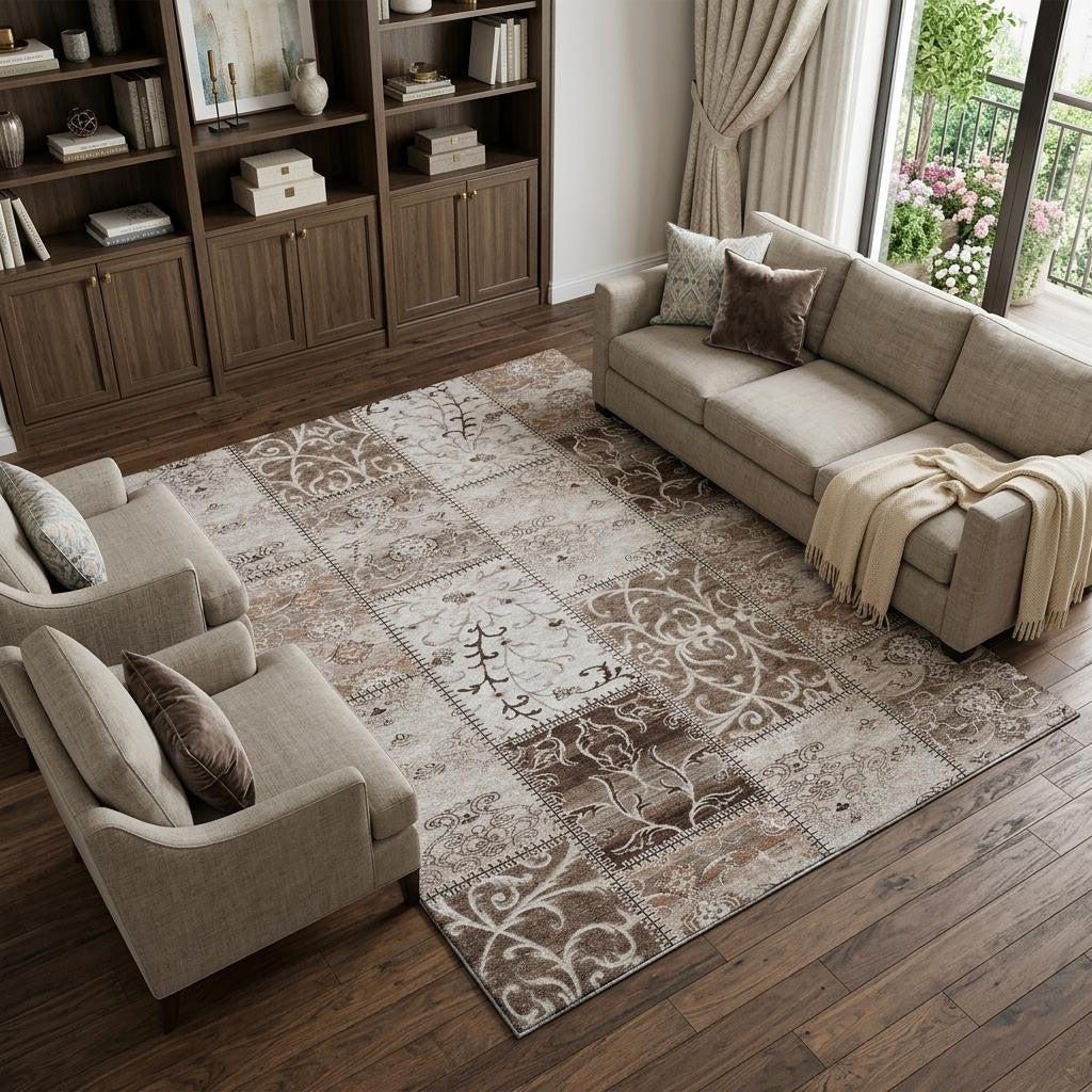 8 X 10 Beige And Ivory Patchwork Distressed Washable Area Rug With UV Protection
