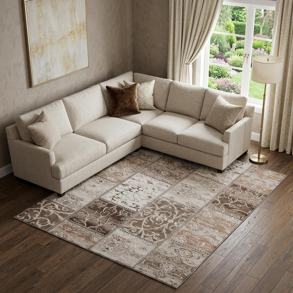 9 X 12 Beige And Ivory Patchwork Distressed Washable Area Rug With UV Protection
