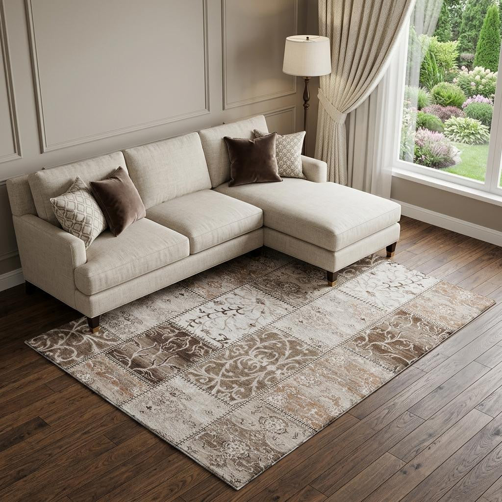 10 X 14 Beige And Ivory Patchwork Distressed Washable Area Rug With UV Protection