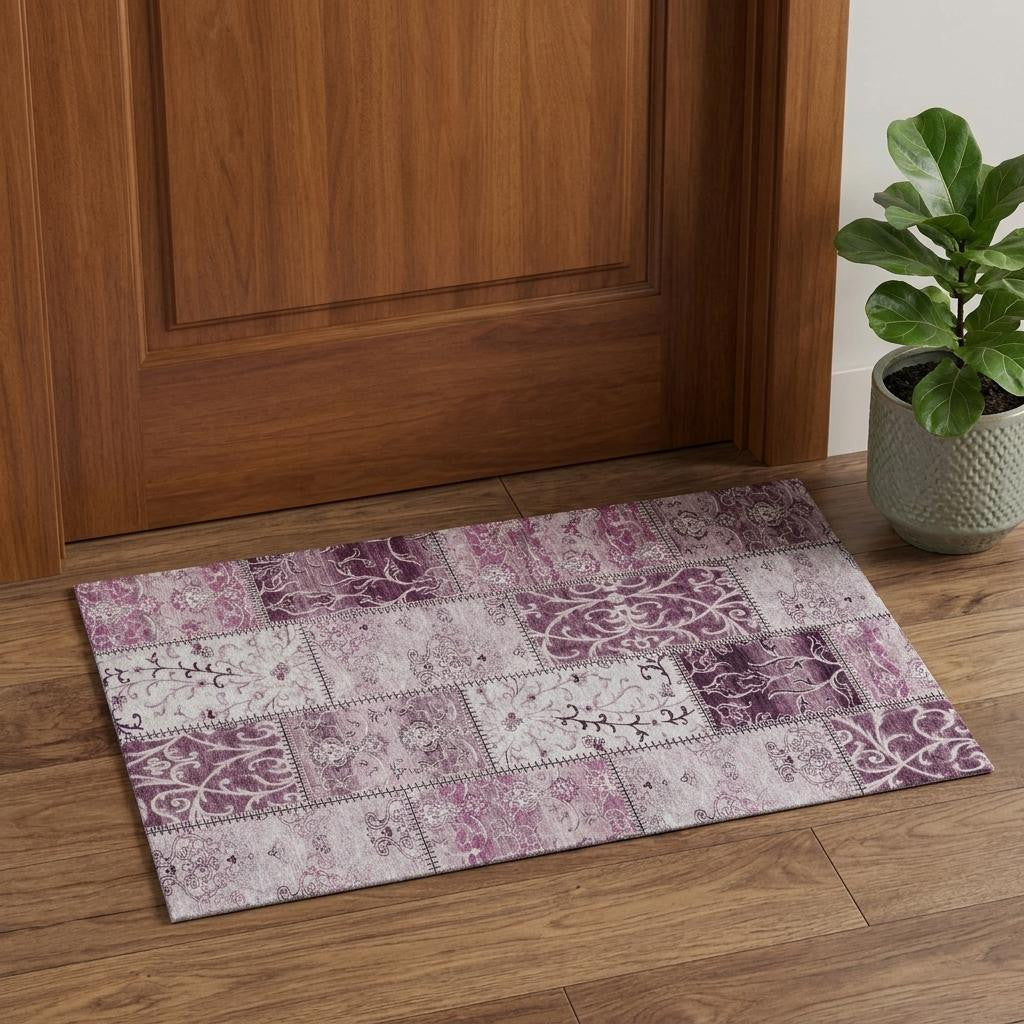 3 X 5 Burgundy And Ivory Patchwork Distressed Washable Area Rug With UV Protection