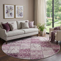 8 Burgundy And Ivory Patchwork Distressed Washable Round Rug With UV Protection