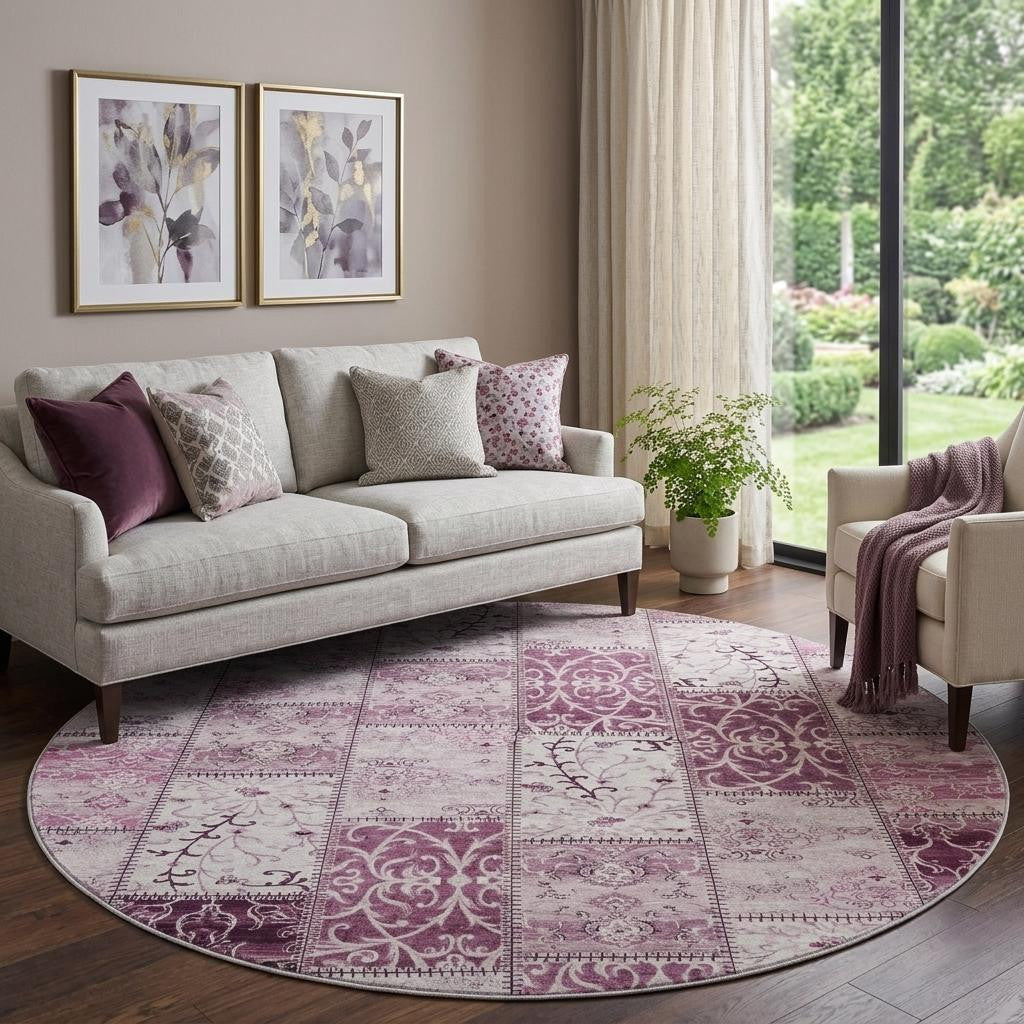 8 Burgundy And Ivory Patchwork Distressed Washable Round Rug With UV Protection