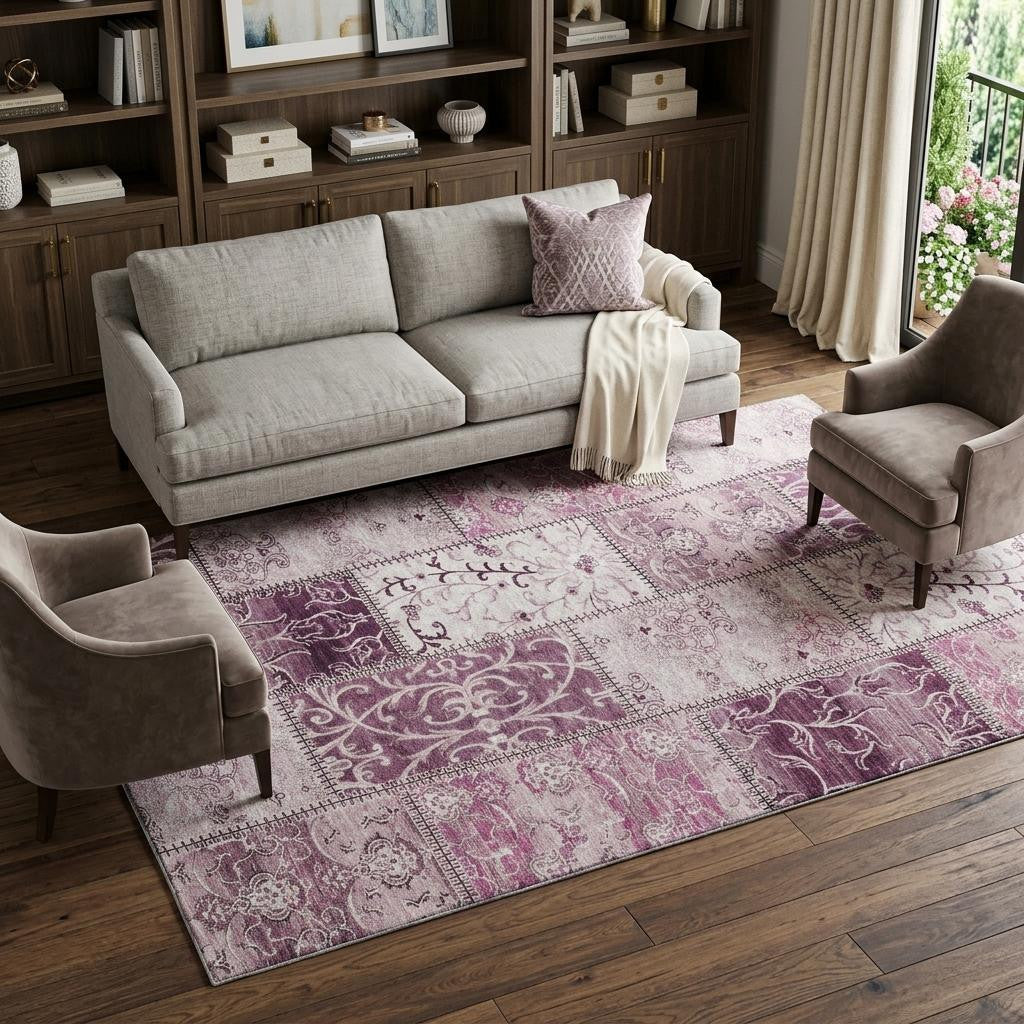 8 X 10 Burgundy And Ivory Patchwork Distressed Washable Area Rug With UV Protection