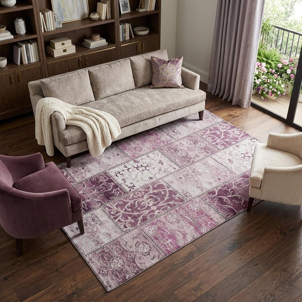 9 X 12 Burgundy And Ivory Patchwork Distressed Washable Area Rug With UV Protection