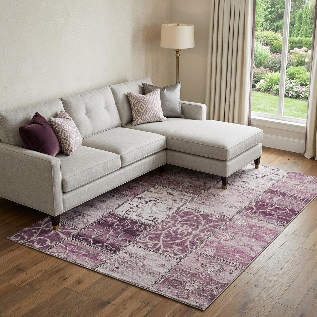 10 X 14 Burgundy And Ivory Patchwork Distressed Washable Area Rug With UV Protection