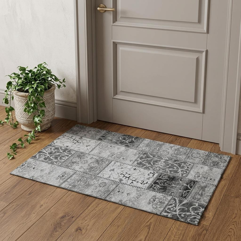 3 X 5 Gray And Ivory Patchwork Distressed Washable Area Rug With UV Protection