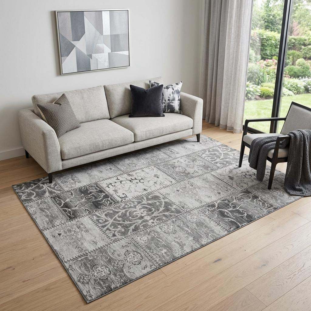 5 X 8 Gray And Ivory Patchwork Distressed Washable Area Rug With UV Protection