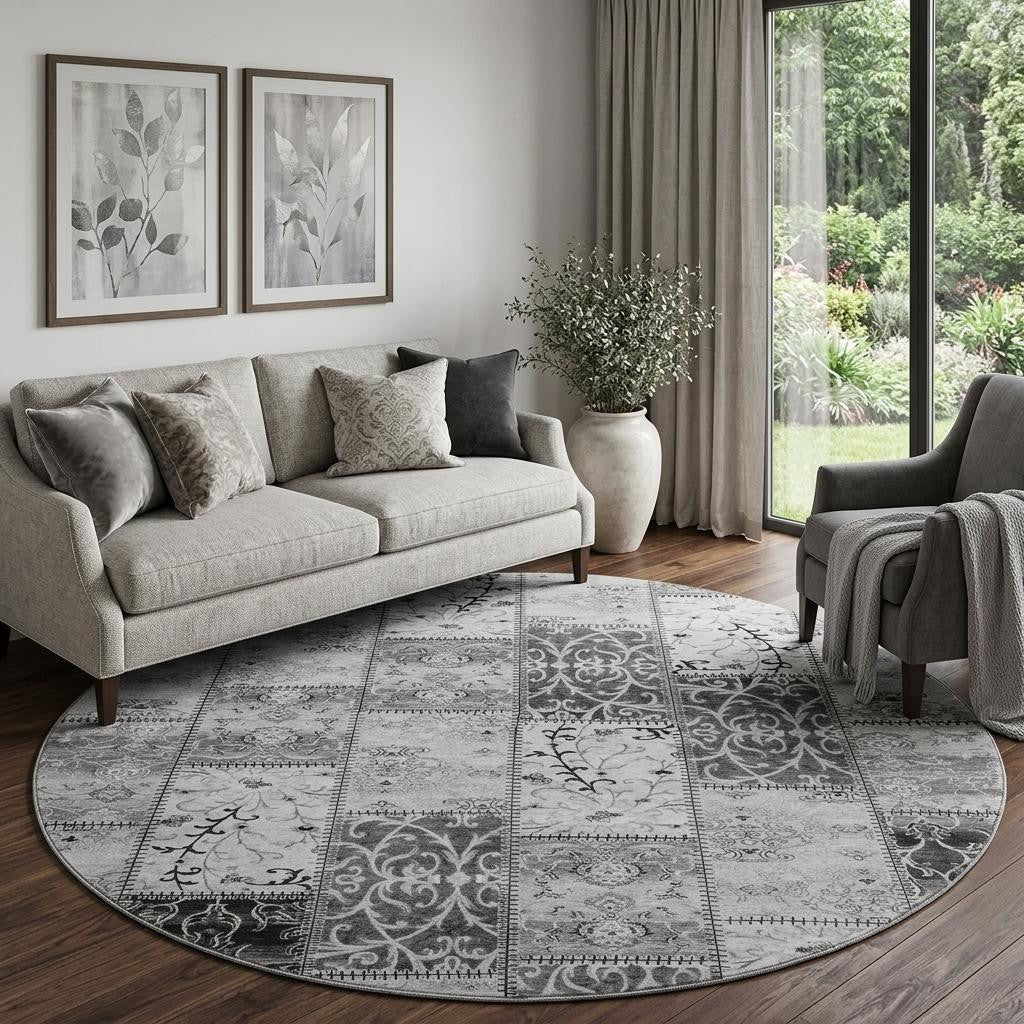 8 Gray And Ivory Patchwork Distressed Washable Round Rug With UV Protection