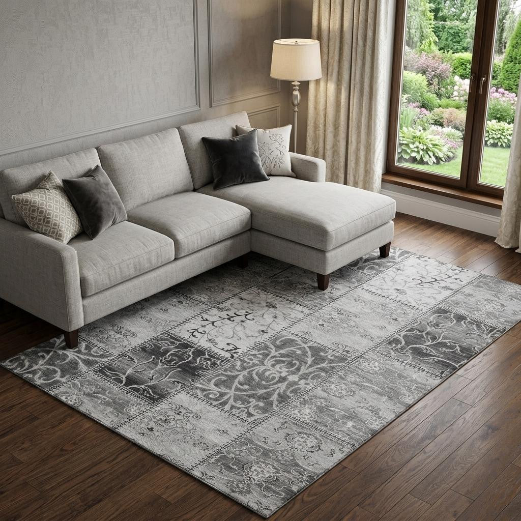 9 X 12 Gray And Ivory Patchwork Distressed Washable Area Rug With UV Protection