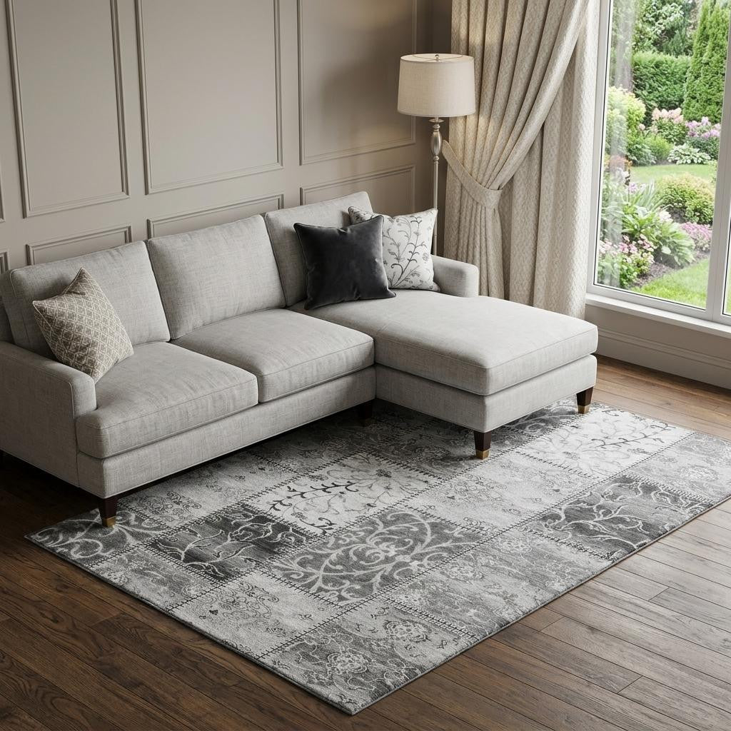 10 X 14 Gray And Ivory Patchwork Distressed Washable Area Rug With UV Protection