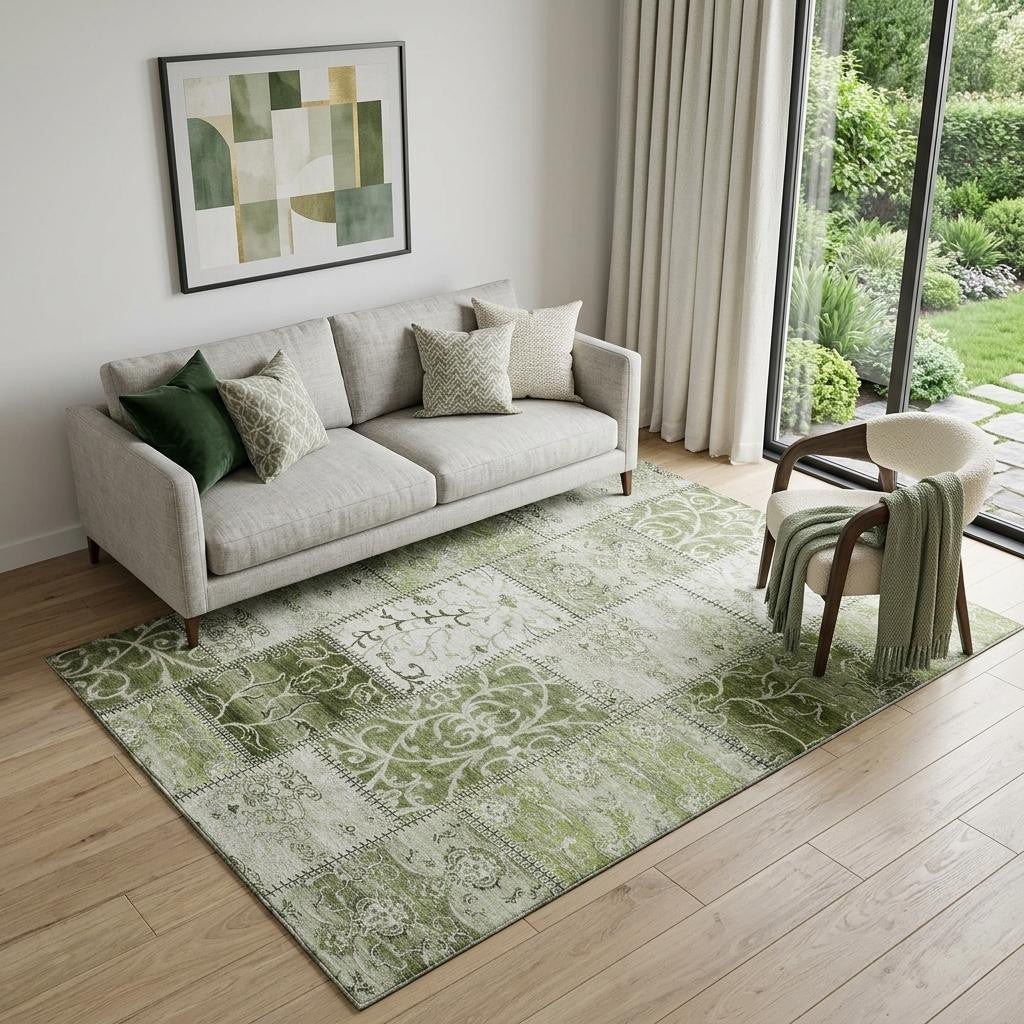 5 X 8 Green And Ivory Patchwork Distressed Washable Area Rug With UV Protection