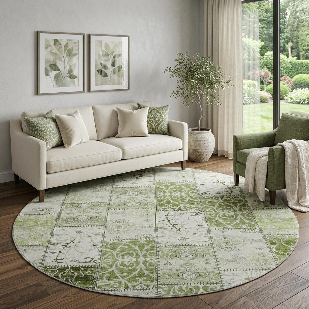 8 Green And Ivory Patchwork Distressed Washable Round Rug With UV Protection