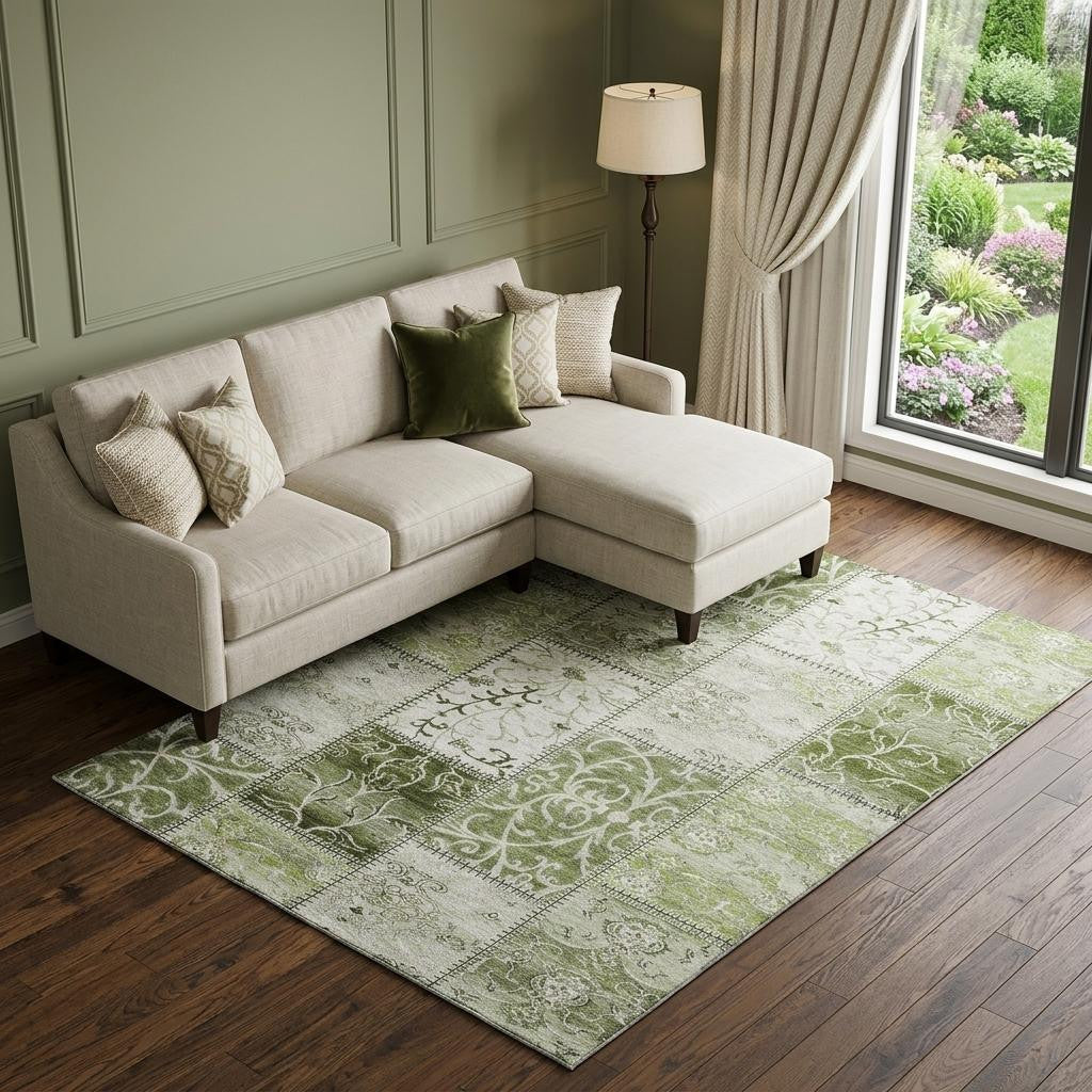 8 X 10 Green And Ivory Patchwork Distressed Washable Area Rug With UV Protection