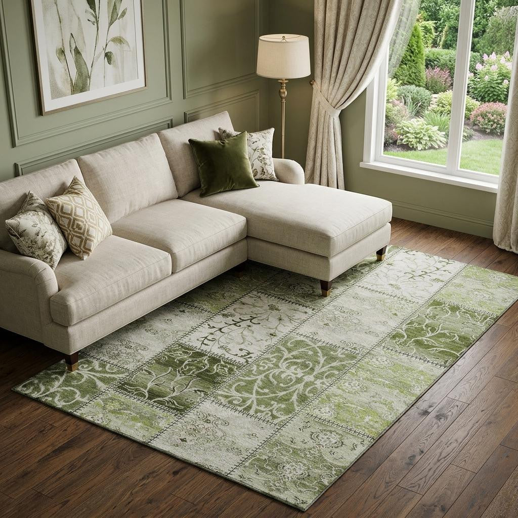 9 X 12 Green And Ivory Patchwork Distressed Washable Area Rug With UV Protection
