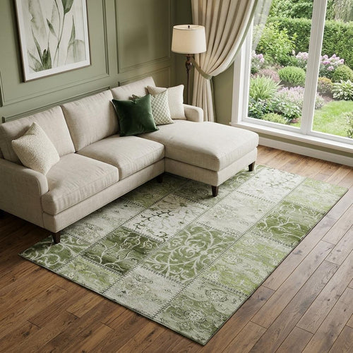 10 X 14 Green And Ivory Patchwork Distressed Washable Area Rug With UV Protection