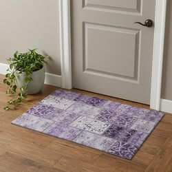 3 X 5 Purple And Ivory Patchwork Distressed Washable Area Rug With UV Protection