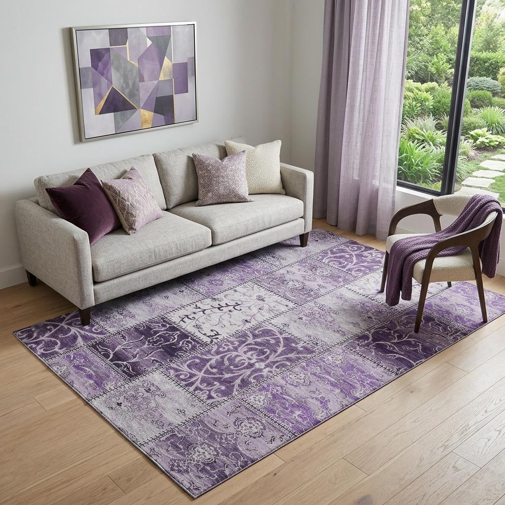 5 X 8 Purple And Ivory Patchwork Distressed Washable Area Rug With UV Protection