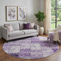 8 Purple And Ivory Patchwork Distressed Washable Round Rug With UV Protection