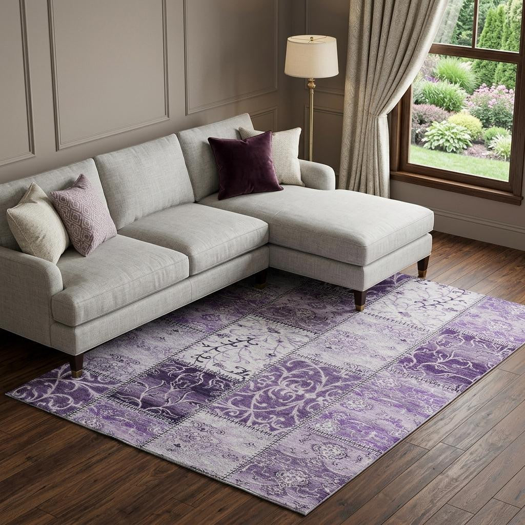 8 X 10 Purple And Ivory Patchwork Distressed Washable Area Rug With UV Protection