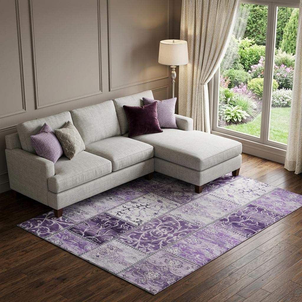 10 X 14 Purple And Ivory Patchwork Distressed Washable Area Rug With UV Protection